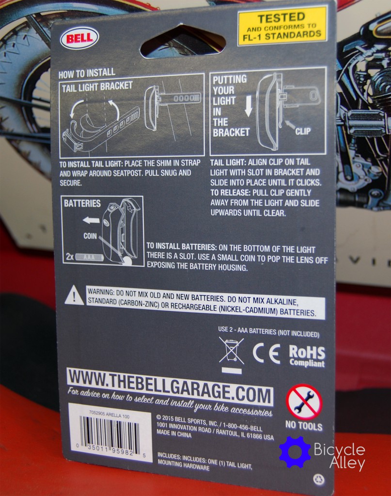 The back package label for the Bell Arella 100 Tail Light