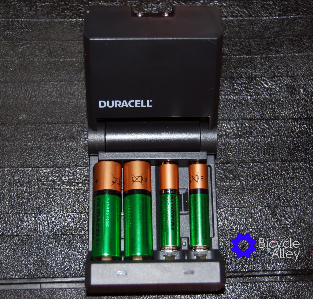 The Duracell Ion Speed 400 battery charger with 2 AA and 2 AAA batteries. You can charge up to 4 AA or 4 AAA batteries at a time or any combination of the two.